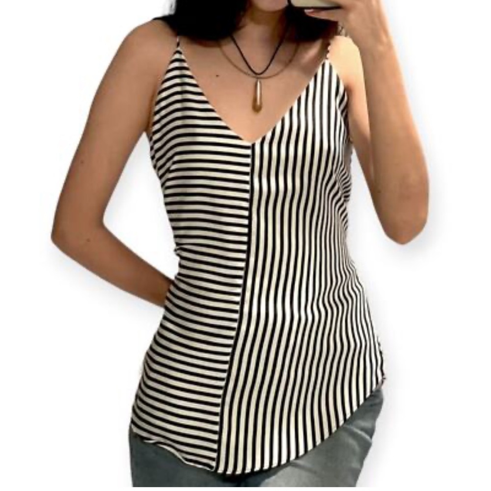 Express Downtown Silky Black and White Striped Cami, Double V Neckline, Size M